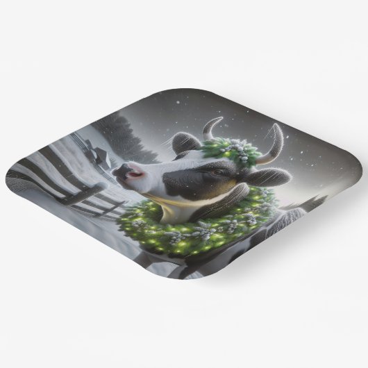 Kerst Holstein Koe met gloeiende krans Papieren Bordje (Gebogen)