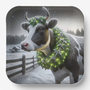 Kerst Holstein Koe met gloeiende krans Papieren Bordje
