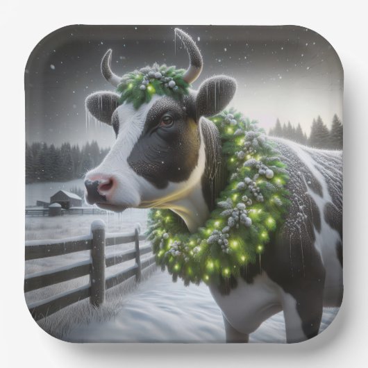 Kerst Holstein Koe met gloeiende krans Papieren Bordje (Voorkant)