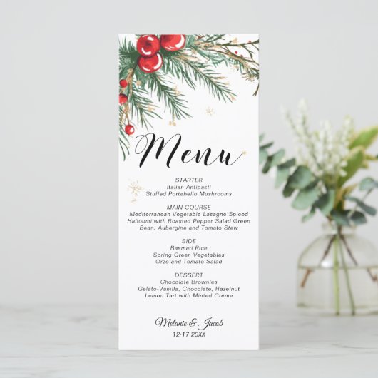 Kerst Holy Berry Wedding Menu Kaart (Staand voorkant)