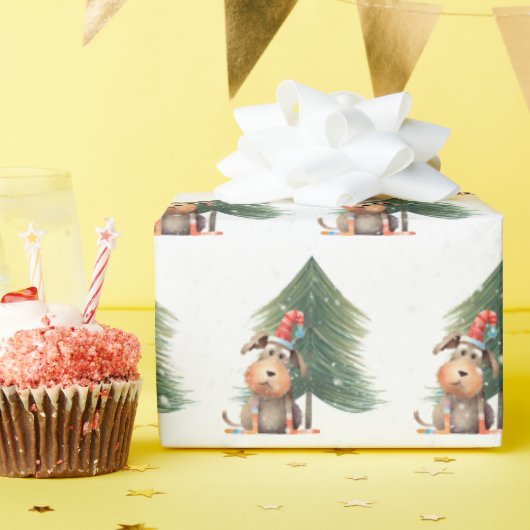 Kerst Hond en Pine In Sneeuwvlokken Cadeaupapier (Verjaardagsfeest)