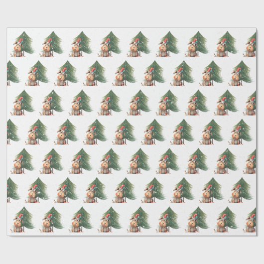 Kerst Hond en Pine In Sneeuwvlokken Cadeaupapier (Vlak)