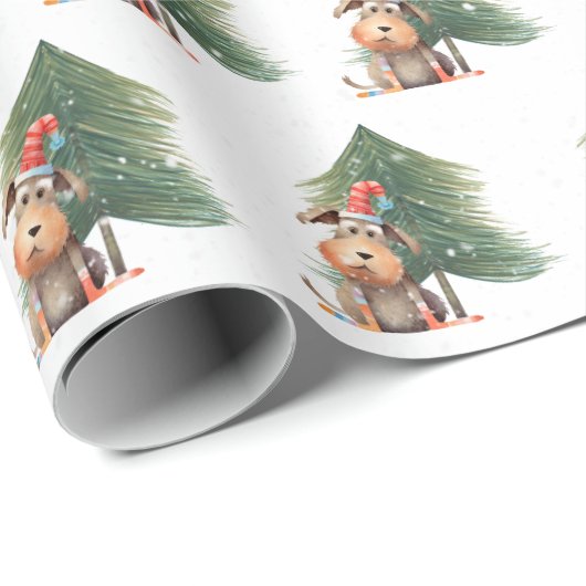 Kerst Hond en Pine In Sneeuwvlokken Cadeaupapier (Rol Hoek)
