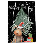 Kerst Hond en Pine In Sneeuwvlokken Medium Cadeauzakje (Voorkant)