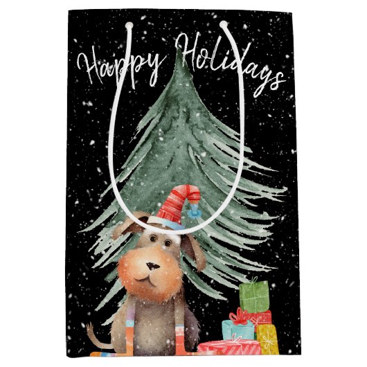 Kerst Hond en Pine In Sneeuwvlokken Medium Cadeauzakje (Voorkant)