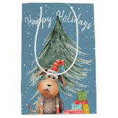 Kerst Hond en Pine In Sneeuwvlokken Medium Cadeauzakje (Voorkant)