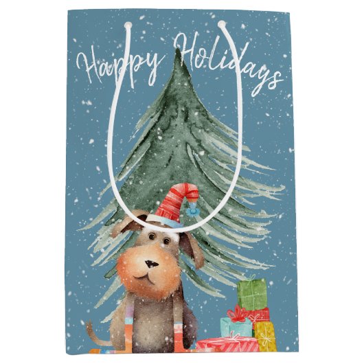 Kerst Hond en Pine In Sneeuwvlokken Medium Cadeauzakje (Voorkant)