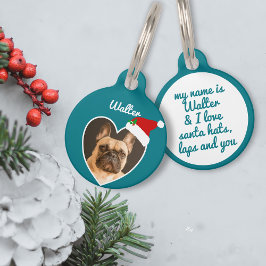 Kerst Hond Foto Santa Hat Blauwgroen Hart Feesteli Huisdierpenning
