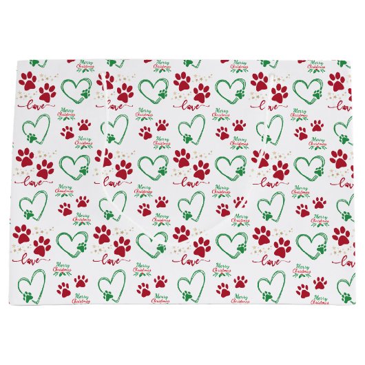 Kerst HOND PAW PRINTS en LIEFDE HARTEN Feestelijk Groot Cadeauzakje (Voorkant)