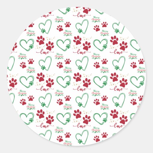 Kerst HOND PAW PRINTS en LIEFDE HARTEN Feestelijk Ronde Sticker (Voorkant)