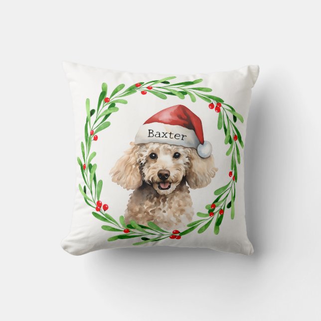 Kerst Hond Poodle Santa Hat Vakantie Kussen (Voorkant)