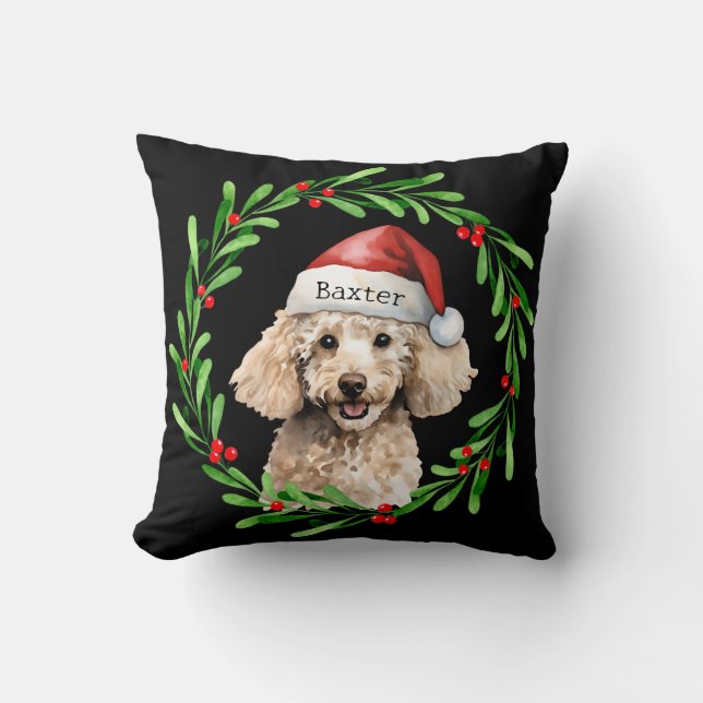 Kerst Hond Poodle Santa Hat Vakantie Kussen (Voorkant)