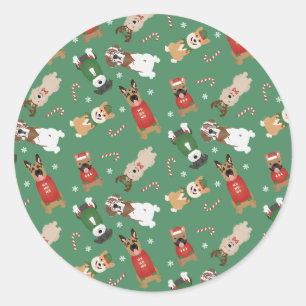 Kerst Honden Patroon Rood Groen Ronde Sticker