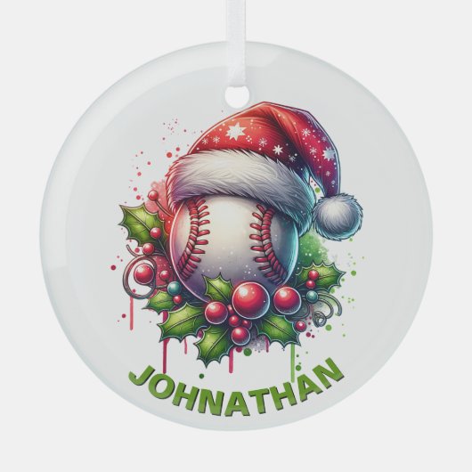 Kerst Honkbal Custom Naam met Santa Hat Glas Ornament (Voorkant)
