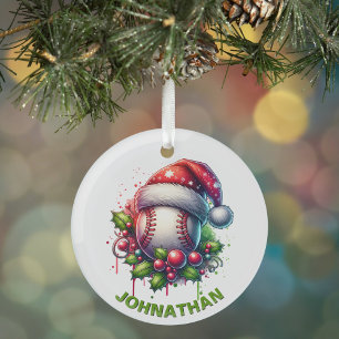 Kerst Honkbal Custom Naam met Santa Hat Glas Ornament