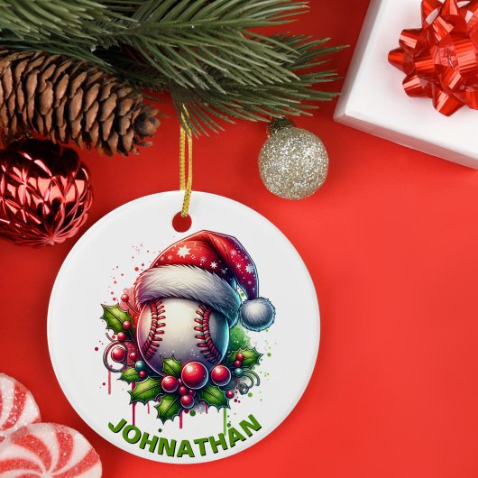 Kerst Honkbal Custom Naam met Santa Hat Keramisch Ornament