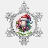 Kerst Honkbal Custom Naam met Santa Hat Tin Sneeuwvlok Ornament (Voorkant)