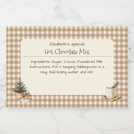 Kerst Hot Chocolate Mix Bruine Gingham Labels Voedselcontainer Etiket (Enkel label)