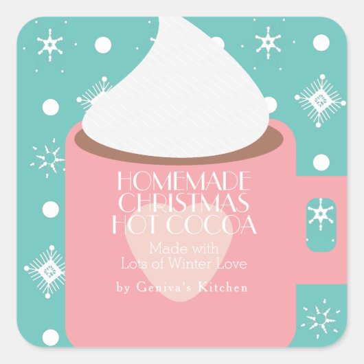 Kerst Hot Cocoa Thuis Recept Geschenk Roze Mok Vierkante Sticker (Voorkant)