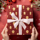 Kerst Huis Gingerbread op donkerrode achtergrond Cadeaupapier
