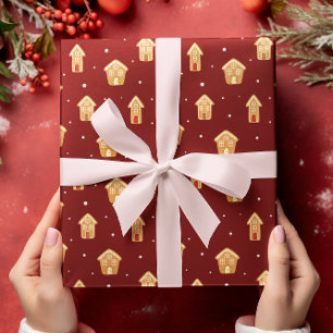 Kerst Huis Gingerbread op donkerrode achtergrond Cadeaupapier