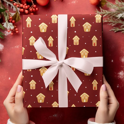 Kerst Huis Gingerbread op donkerrode achtergrond Cadeaupapier