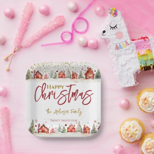 Kerst Huis Straat Scène Papieren Bordje (Feest)