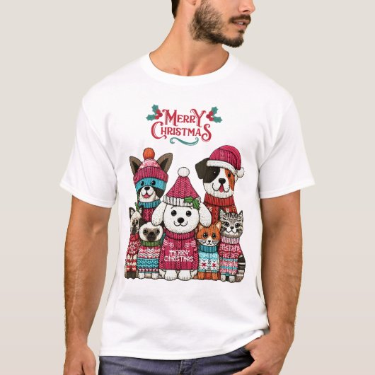 Kerst Huisdieren Breien Stijl T-shirt (Voorkant)