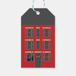 Kerst Huisgevel met Piano in Raam Cadeaulabel