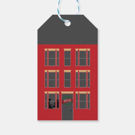 Kerst Huisgevel met Piano in Raam Cadeaulabel (Voorkant)
