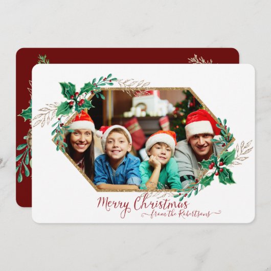 Kerst Hulst Bes Zeshoek Goud Glitters n Foto Feestdagenkaart (Voorkant / Achterkant)