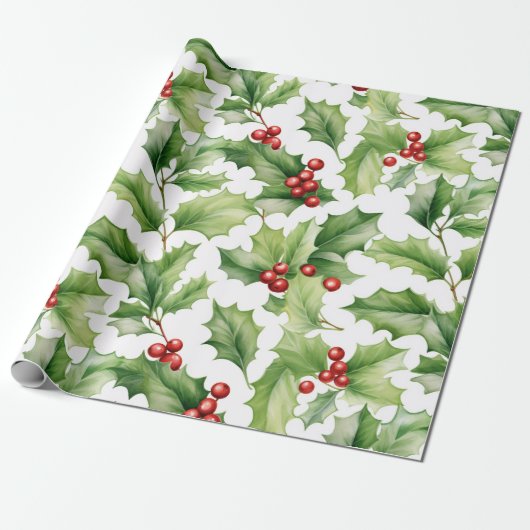 Kerst Hulst Bladeren Cadeaupapier (Uitgerold)
