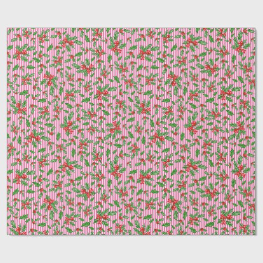 Kerst hulst bladeren en bessen rood en groen cadeaupapier (Vlak)
