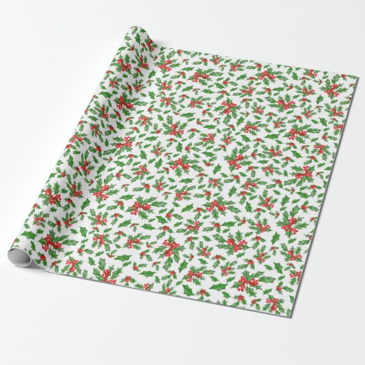 Kerst hulst bladeren en bessen rood en groen cadeaupapier (Uitgerold)