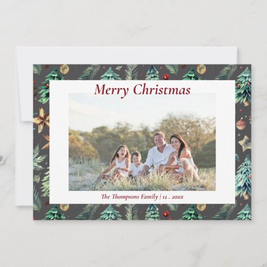Kerst Hulst Botanisch Groen Foto in Houtskool Feestdagenkaart (Voorkant)