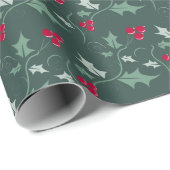 Kerst hulst en rode bessen grijs groen cadeaupapier (Rol Hoek)