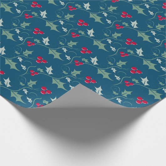 Kerst hulst en rode bessen grijs groen rood cadeaupapier (Hoek)