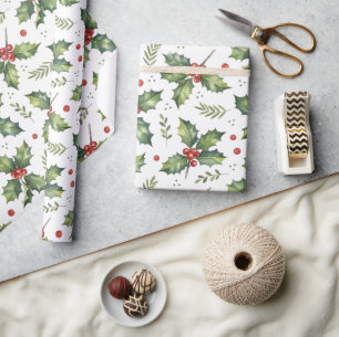 Kerst hulst groen bladeren rood patroon cadeaupapier
