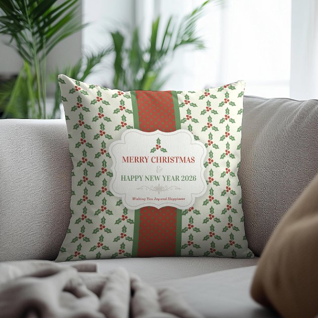 Kerst Hulst Patroon Groen Hulst Rode Bessen Kussen (Creator heeft geüpload)