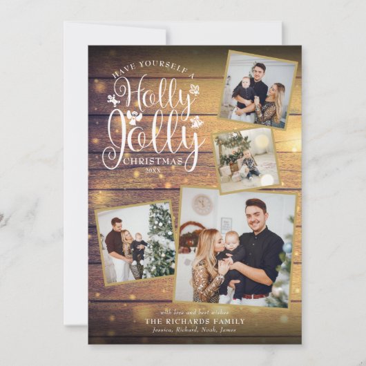 Kerst Hulst Pret Foto Collage Rustiek Hout Feestdagenkaart (Voorkant)