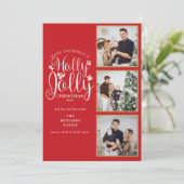 Kerst Hulst Vrolijke Script 3 Foto Collage Feestdagenkaart (Staand voorkant)