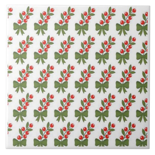 Kerst Hulstbessen & Groene Strik Patroon Tegeltje (Voorkant)