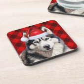 Kerst Husky Dog Red Buffalo Plaid Vakantie Bier Onderzetter (Linkerzijde)