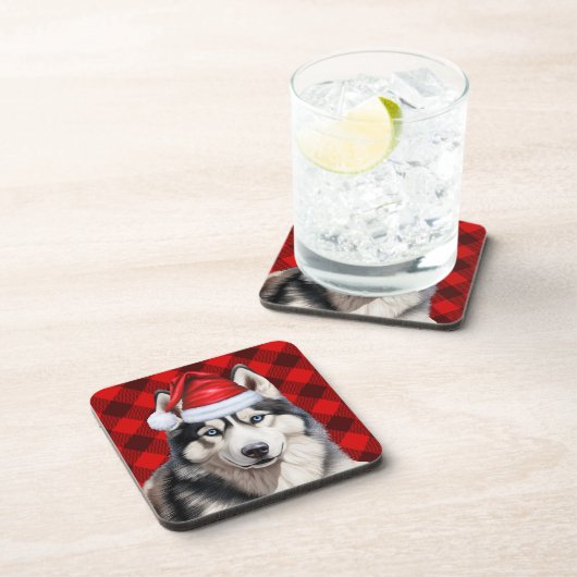 Kerst Husky Dog Red Buffalo Plaid Vakantie Bier Onderzetter (Rechterzijde)