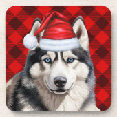 Kerst Husky Dog Red Buffalo Plaid Vakantie Bier Onderzetter (Voorkant)