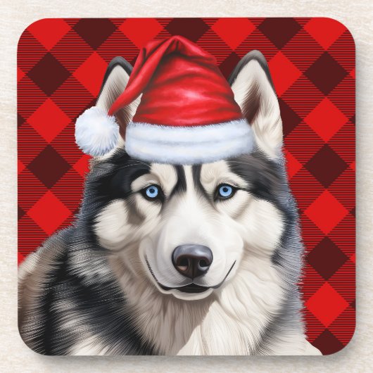 Kerst Husky Dog Red Buffalo Plaid Vakantie Bier Onderzetter (Voorkant)