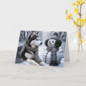 Kerst Husky en Sneeuwman in de winter Bossen Kaart (Gele Bloem)