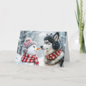 Kerst Husky Hond en Sneeuwman Vrienden Feestdagen Kaart (Voorkant)