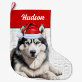 Kerst Husky Hond met Naam Woof Achtergrond Grote Kerstsok (Voorkant)
