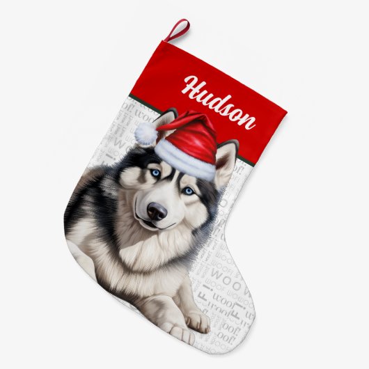 Kerst Husky Hond met Naam Woof Achtergrond Grote Kerstsok (Voorkant (Hangend))